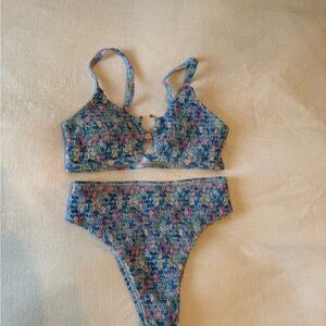 H&M High Waisted Blue & Pink Quilted Bikini Set